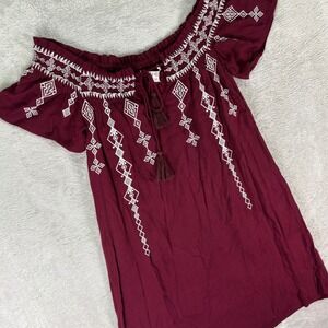 Joy Joy Women's Off Shoulder Boho Embroidered Dress XS Maroon White NWT